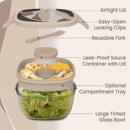 Bentgo Glass Prints Salad Container - 7.6-Cup Tinted Glass Salad Bowl with Airtight Lid, Leak-Proof Sauce Container, 4-Compartment Bento Meal Prep Tray & Reusable Fork (Inky Abstract - Neutrals)
