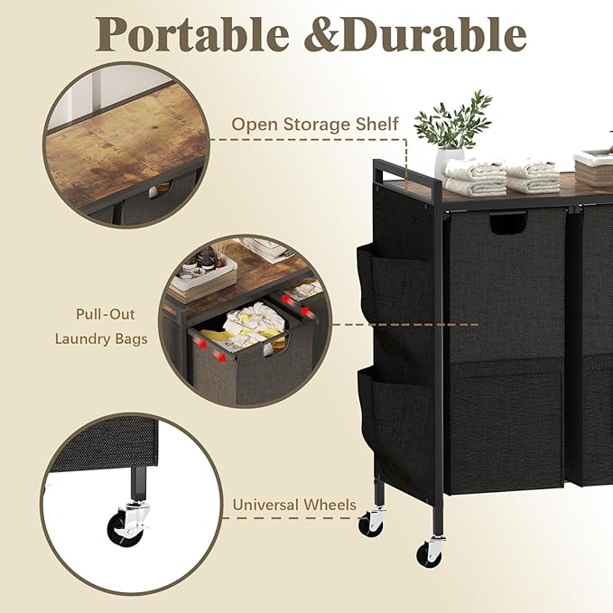 Laundry Hamper, Laundry Basket, Laundry Sorter with Top Shelf & 3 Removable Washable Bags & Side Pockets for Laundry Room organization, Bathroom and Dorm, Rustic Brown and Black