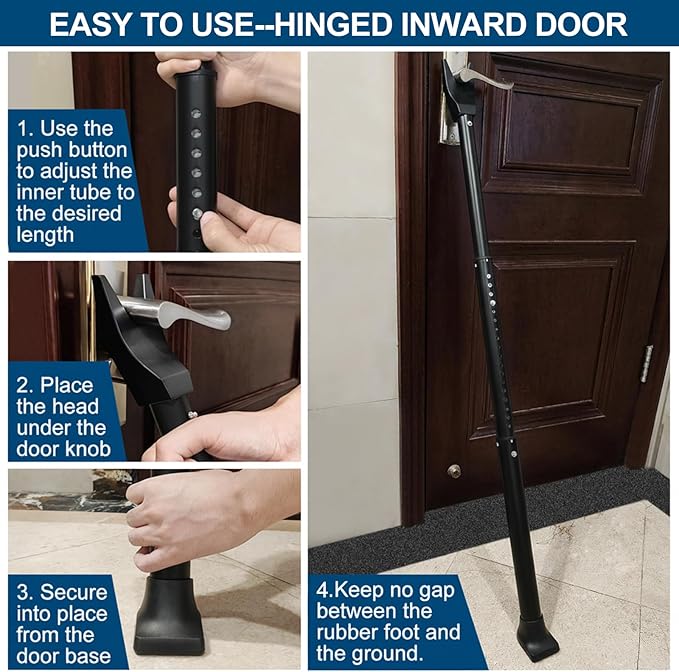 Door Security Bar, Rerishom Door Stoppers Security bar,Heavy Duty Door Lock Security Door Jammer Door Stopper for Apartment, Hotel Room,Screen Door Hardware (Dark Black, 1 Pack)