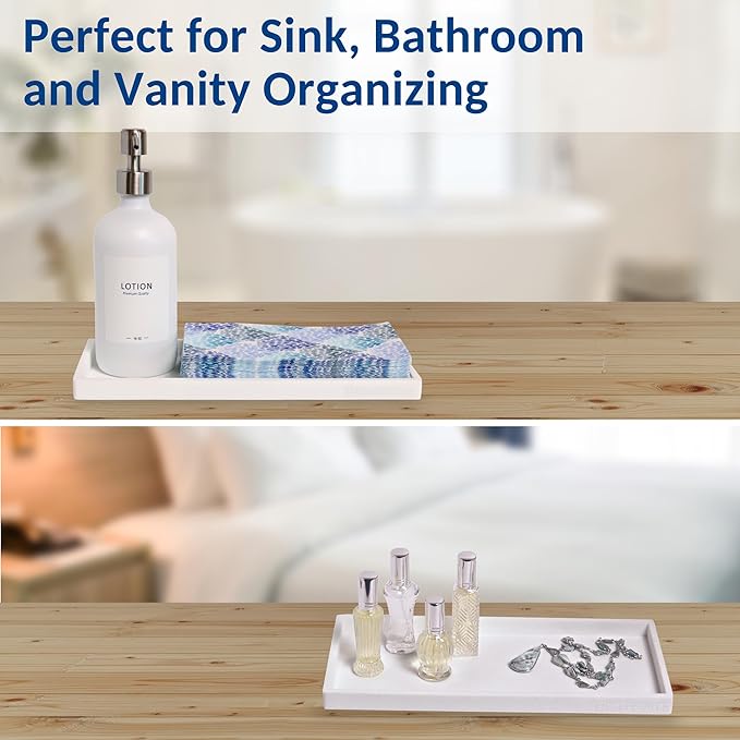 Countertop and Vanity Tray - 11.7" Silicone Bathroom Tray Countertop, Dish Soap Trays for Kitchen Counter, Bathroom Counter Organizer Accessories Caddy, Shower Trays Makeup Mat Oil, White