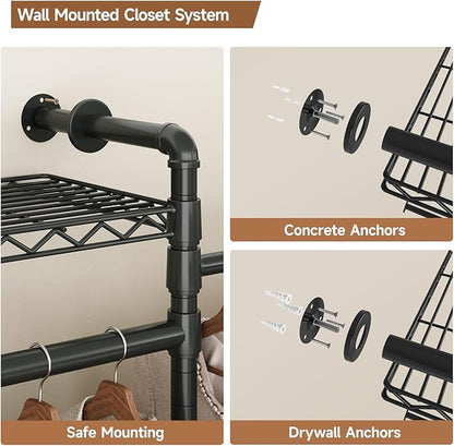 P3 Industrial Pipe Closet System, Wall Mounted Garment Racks with 4 Telescopic Rods & 6 Mesh Shelves, Heavy Duty Clothing Clothes Rack for Walk-in Closets (Black)