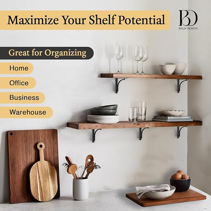 Classic Black Heavy Duty Shelf Brackets 10 inch by Balin Designs – L Bracket, Wall Mounted Support, Shelving Metal Bracket, Decorative Shelf Brackets, with Hardware Included, Set of 4
