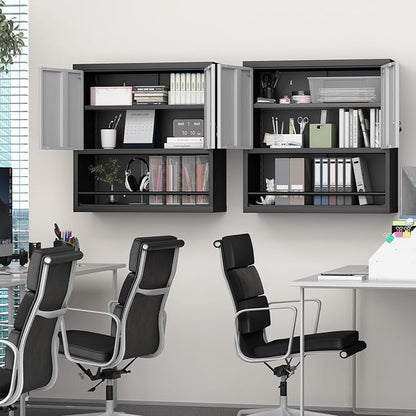LUCYPAL Metal Wall Cabinet with Adjustable Shelf,Garage Wall Cabinets with Locking Doors and Open Storage,Steel Utility Storage Cabinets for Home Office,Warehouse,Black&Grey