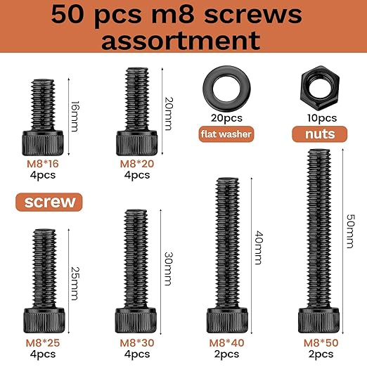 50 Pcs M8 Bolts Kit M8x 16/20/25/30/40/50 mm M8 Screw Kits, 12.9 Alloy Steel Black Zinc Plated Hex Socket Head Screws Nuts Bolts and Washers Set