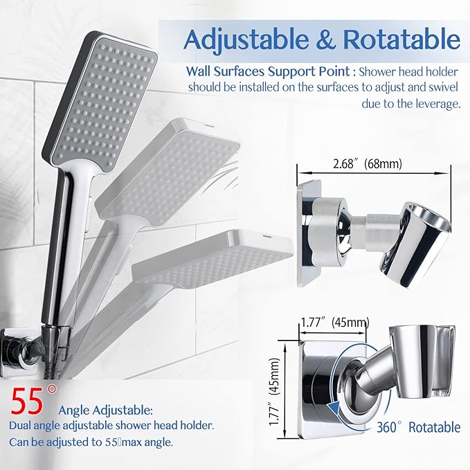 YDmeet Shower Head Holder, Adjustable Handheld Brass Shower Head Bracket, Wall Mount Holder, Drill Free Glue Installation (Polished Chrome)