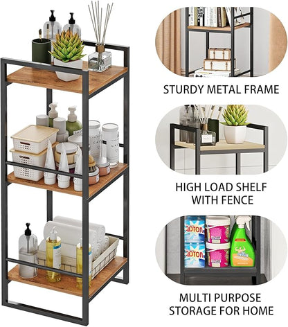 BYFU 3 Tier Bathroom Storage Open Shelf, Freestanding Metal Corner Storage Rack Shelving Unit for Bathroom Kitchen Living Room Hallway, Rustic Brown