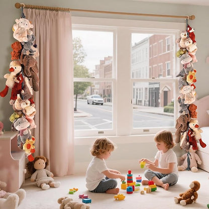 80" Cotton Hanging Storage Chain for Stuffed Animals Storage with 20 Metal Clips, Stuffed Animal Organizer Chain for Wall Corner Nursery Play Room, Grey