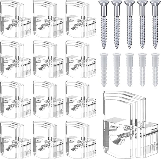 Mirror Holder Kit - 22 Crystal Clear Plastic Clips, Glass Retainer Clips, Hanging Kit with Screws and Fixed Mirror Box Door