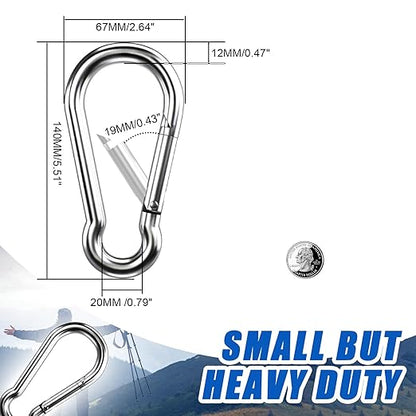 Large Carabiner Clip Hooks, 2pcs 5.5 inch Carabiners Heavy Duty, 304 Stainless Steel Spring Snap Hook Fits Camping Hanging Hiking Weight Lifting, Metal Clips for Rope or Chain