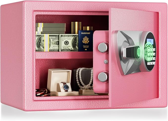 BlackSmith Home Biometric Safe 1.0 Cub Quick Access Fingerprint Lock Box With Keys Keypad Wall Mount Cabinet Safe Secure Money Jewelry with Fireproof Bag Mute Mode LED Light, Pink