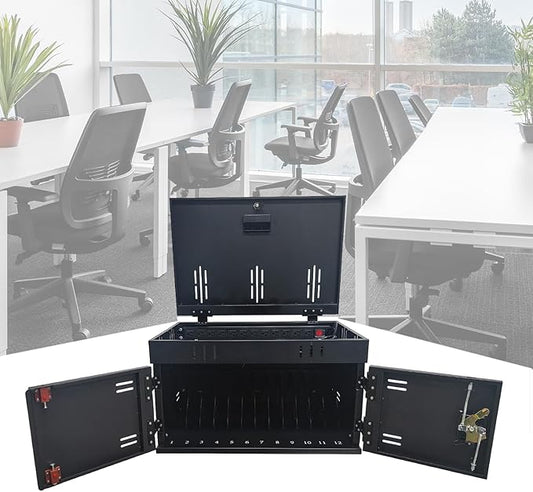 12 Device Charging Station for Laptops & Tablets, Portable Lockable Charging Cabinet Lock Box with Cable Management,Fits 17in Laptop Computers Chromebooks, for Classroom, Library, and Office(Black)
