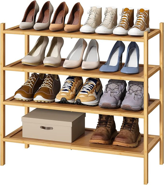 4-Tier Shoe Rack for Entryway, Bamboo Wood Shoe Rack 4-Tier, Stackable Shoe Organizer for Closet, Free Standing Shoe Racks for Indoor & Outdoor