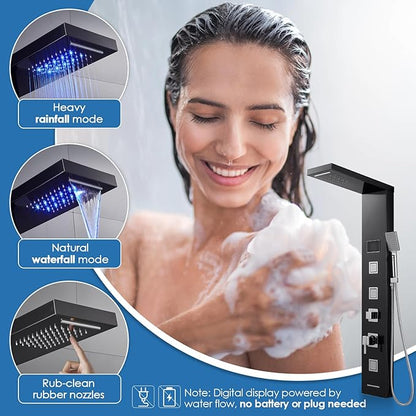 ROVOGO Shower Panel Tower System with LED Lights - No Battery Needed, Shower Column with Rainfall Waterfall Shower, Body Jets, Handheld Shower, Tub Spout and Temp Display, Black