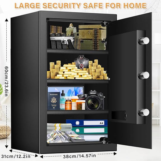 [23.6" Tall] Large Safe Box with LED Light, Anti-theft Home Safes with Programmable Keypad, Spare Keys and 3 Removable Shelves, Digital Security Safes for Home Money Firearm Documents Medicines