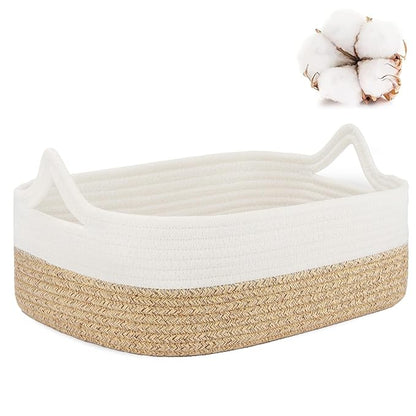 ABenkle Small Storage Basket with Handles, Cotton Rope Woven Dog Cat Toy Bin, Decorative Shelves Closet Organizing for Nursery Laundry Bedroom Bathroom, 14.2''x 11''x 5.1''