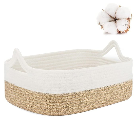 ABenkle Small Storage Basket with Handles, Cotton Rope Woven Dog Cat Toy Bin, Decorative Shelves Closet Organizing for Nursery Laundry Bedroom Bathroom, 14.2''x 11''x 5.1''