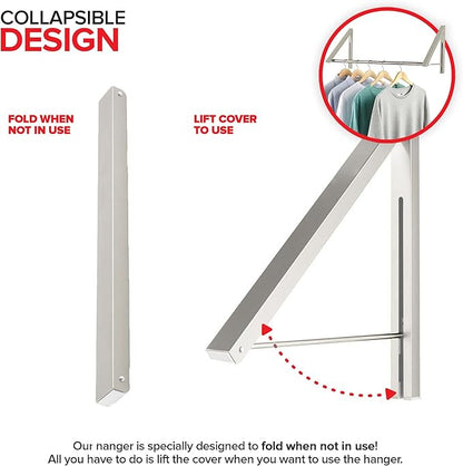 Double Foldable Clothing Rack w/ Extension Rod, Wall-Mounted Retractable Clothes Hanger for Laundry Dryer Room, Hanging Drying Rod, Small Collapsible Folding Garment Racks, Dorm Accessories (Chrome)