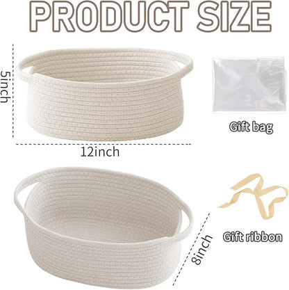 Woven Basket,Small Rope Storage Bin with Handles & Ribbon Bag, Organizer for Shelves Closets,Gift Basket Empty for Birthday,Books,Dog Toys,White/2 Pack