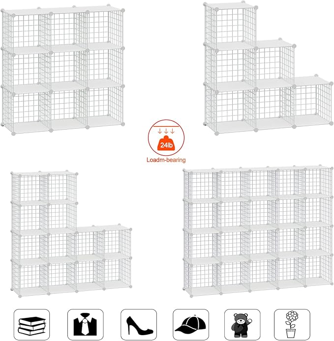 HUBSON Wire Cube Storage Organizer, Book/Toy/Craft/Potted Plants and petCloset Organizers and Storage Shelves, 9-Cube Freely Combinable Metal Grids Storage Shelf,White Plus Iron