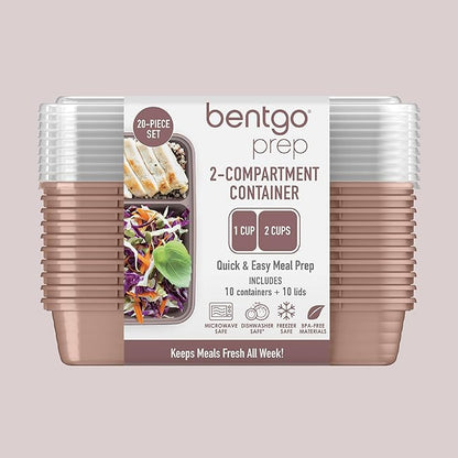 Bentgo Prep - 20-Piece 2-Compartment Reusable Meal Prep Containers with Lids, PFAS & BPA Free Materials, Durable, Microwave, Freezer, & Dishwasher Safe To Go Food Storage (Rose Gold)