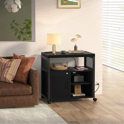 Unikito Lateral File Cabinet, Locking Office Printer Stand with Sockets and USB Charging Ports, Modern Rolling Printer Desk with Storage for A4, Letter Size and File Folders, Black