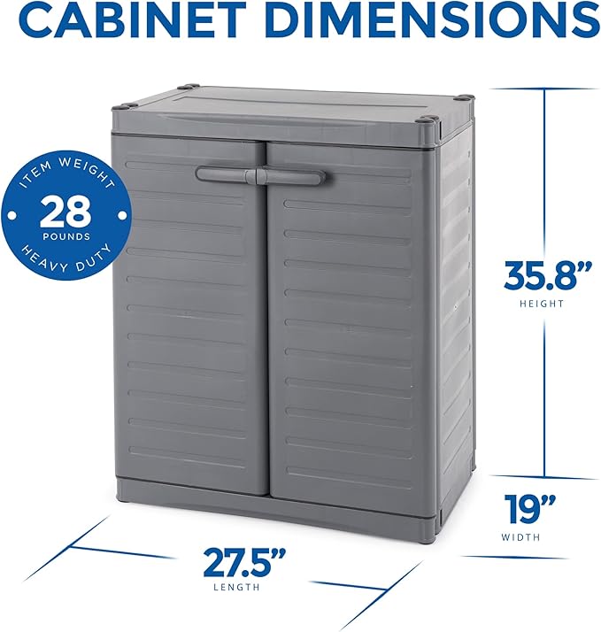 Gracious Living 2-Shelf Base Cabinet, MaxIt Lockable Utility Storage with Adjustable Shelves for Garage, Basement, Workshop, Grey - Small