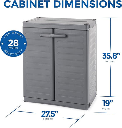 Gracious Living 2-Shelf Base Cabinet, MaxIt Lockable Utility Storage with Adjustable Shelves for Garage, Basement, Workshop, Grey - Small