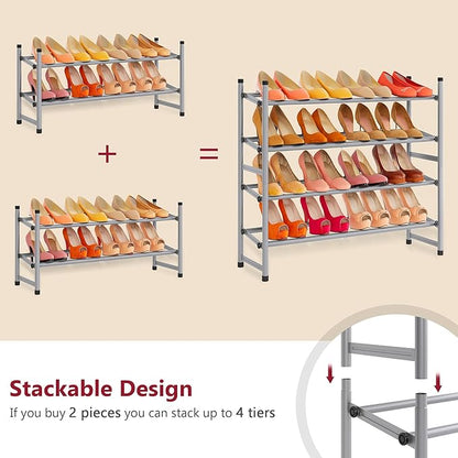 Tajsoon 2 Tier Expandable Shoe Rack for Closet, 28“-41“Adjustable & Stackable Shoe Shelf Storage, Metal Shoe Rack Organizer for Front Door Entrance, Closet, Garage, Entryway, Grey