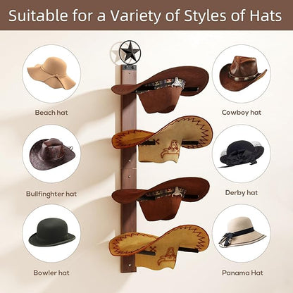 Cowboy Hat Rack for Wall – 2-Piece Western Hat Holder, Rustic Wooden & Metal Wall Mounted Cowboy Hat Organizer, Holds up to 4 Hats, Cowboy Room Decor & Storage Display Rack