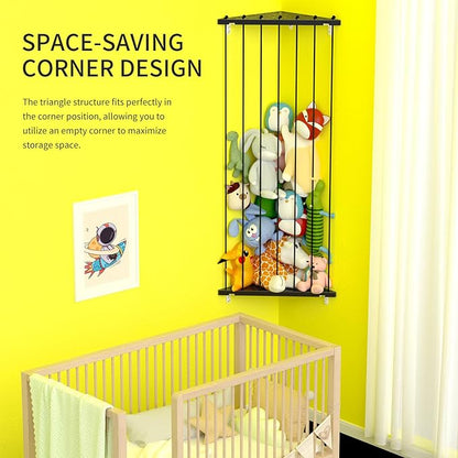 Stuffed Animal Storage Shelf Organizer(Patented) - Corner Stuffed Animal Holder Length Adjustable - Wall Plush Storage for Nursery Playroom Bedroom Kids Room (Space Black, Standard)