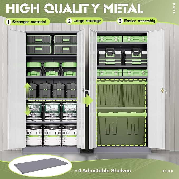 Oakcloud Metal Storage Cabinet Tool Organizer, 72" Lockable Garage Storage Tool Cabinets with 2 Doors and 4 Adjustable Shelves, Locking File Cabinet for Office, Home, School (72“ Standard-GreyWhite)