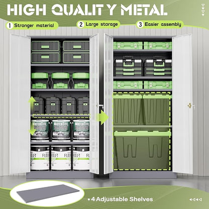 Oakcloud Metal Storage Cabinet Tool Organizer, 72" Lockable Garage Storage Tool Cabinets with 2 Doors and 4 Adjustable Shelves, Locking File Cabinet for Office, Home, School (72“ Wide-GreyWhite)