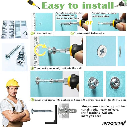 Zinc Self-Drilling Drywall Anchors with Screws Kit, 25 Heavy Duty Metal Wall Anchors and 25#8 x 1-1/4'' Screws - 50 Pieces All Together