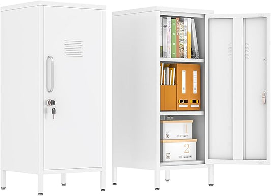 35.43" Metal Storage Locker with Lockable, Metal Steel Locker for Employees with 1 Door ＆ 2 Adjustable Shelves, Small Locker Storage Cabinets for Home, School, Office, Gym (White)