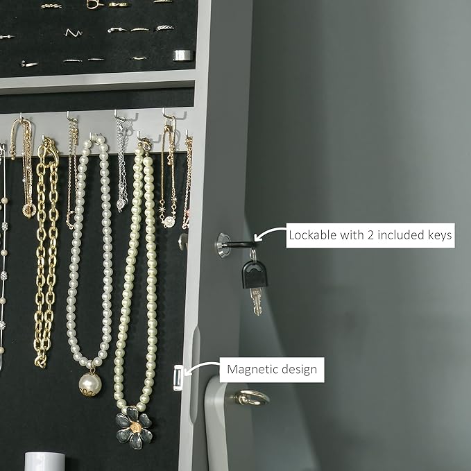 HOMCOM Floor Standing Jewelry Cabinet, Lockable Jewelry Organizer with Full-Length Mirror, and 3 Adjustable Angles, Grey