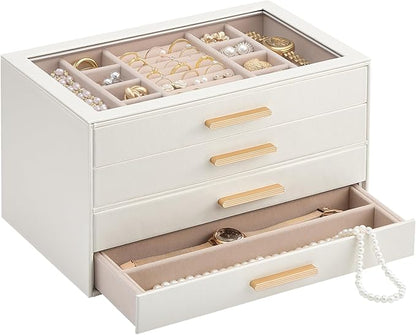 Lolalet Jewelry Box Organizer, 4-Layer Jewelry Organizers and Storage Case with Glass Lid, Ring Earring Bracelet Necklace Holder Organizer, Birthday Valentine Gifts for Women Girls -4Layer, Beige