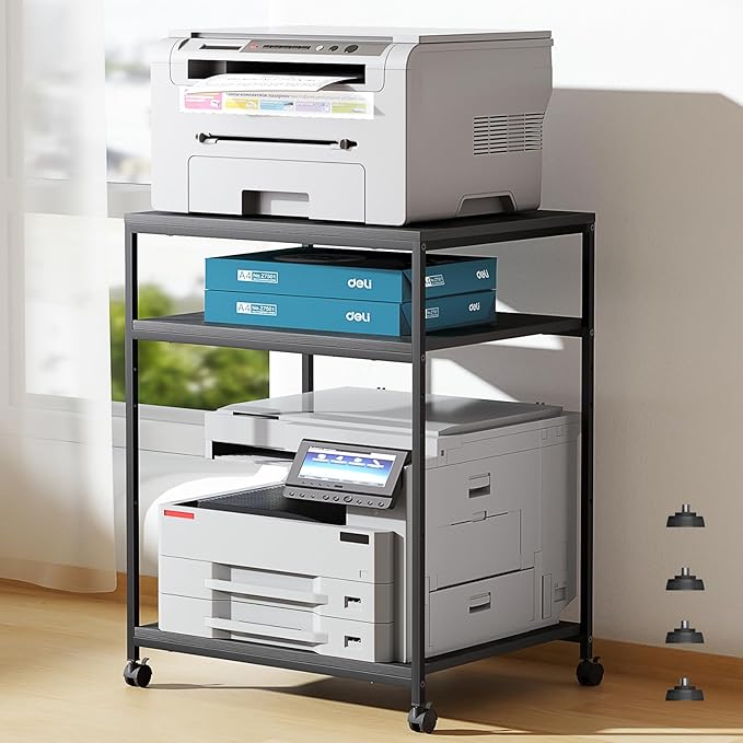 Large Printer Stand with Wheels, 3 Tier Printer Table for Home Office, Rolling Printer Cart with Adjustable Storage Shelf for Shredder Scanner Fax (Black)