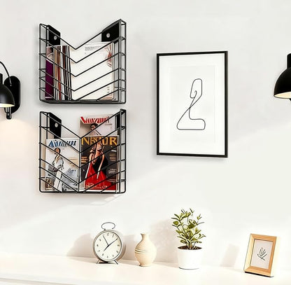 CROISSANT Black Wall Mounted File Organizer,Metal Magazine Basket, Concave Wall Mounted Magazine Rack, Suitable for Hanging File Folders for Office Living Room (Black, 2 Pack)