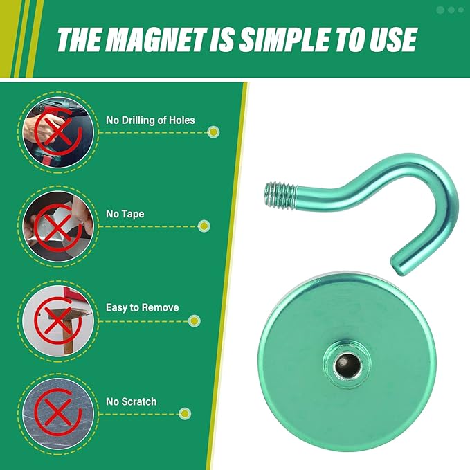 Neosmuk Magnetic Hooks, Heavy Duty 130lb+ Strong Magnet Hook for Cruise Cabins, Cruise Ship Essentials for Hanging, Metal Wall Refrigerator Hangers (Green, 10 Pack)