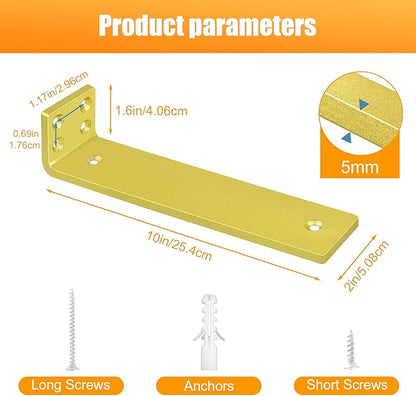 Gold Floating Shelf Brackets 10 inch, Heavy Duty Wall Shelf Bracket 6 Pack for Shelves Support, Hidden Metal L Brackets with Mounting Hardware (1/5'' Thick)
