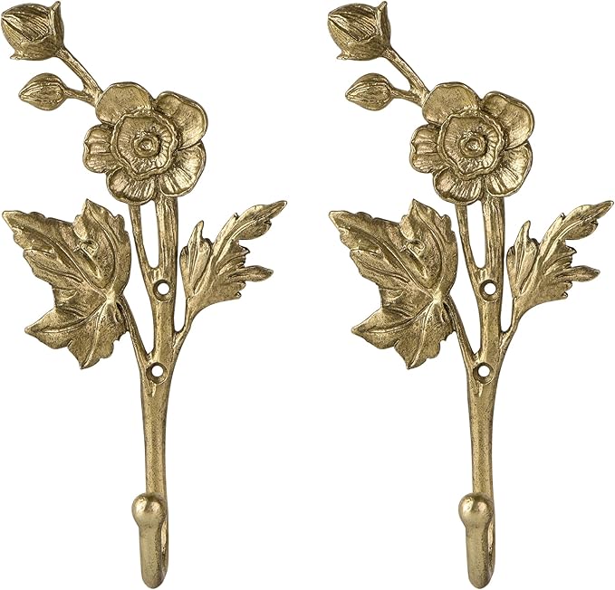 SOFFEE DESIGN 2pcs Metal Gold Coat Hooks with 3D Flowers & Buds Shape, for Entryway, Bathroom, Bedroom Home Decoration