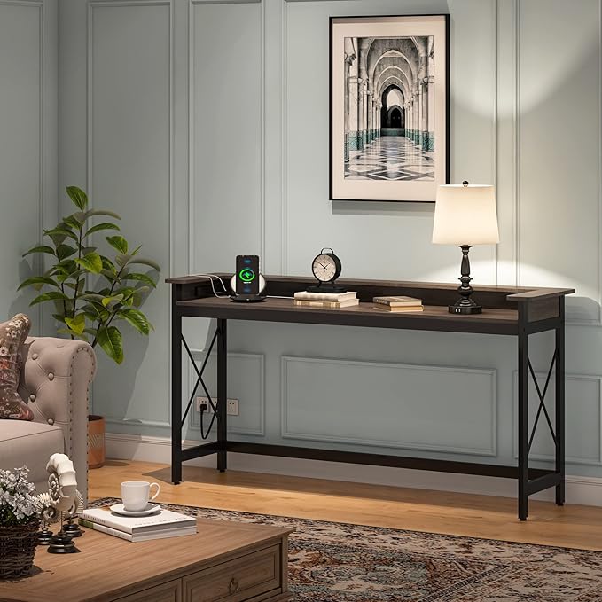 Tribesigns Sofa Table with Outlets and USB Ports, 70.9 inch Extra Long Console Table Behind Couch with Charging Station, Industrial Narrow Entryway Hallway Accent Table for Living Room