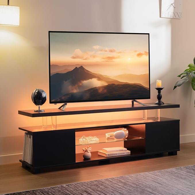 Black TV Stand 65 inch,LED TV Stand for Living Room,Glass Entertainment Center TV Stand, TV Console Tables for Living Room,Bedroom,Home Office