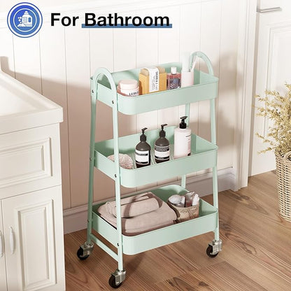 OLIXIS 3 Tier Utility Rolling Cart with Lockable Caster Wheels, Metal Mobile Storage Shelf, Organization for Livingroom, Bathroom & Narrow Places, Pale Green