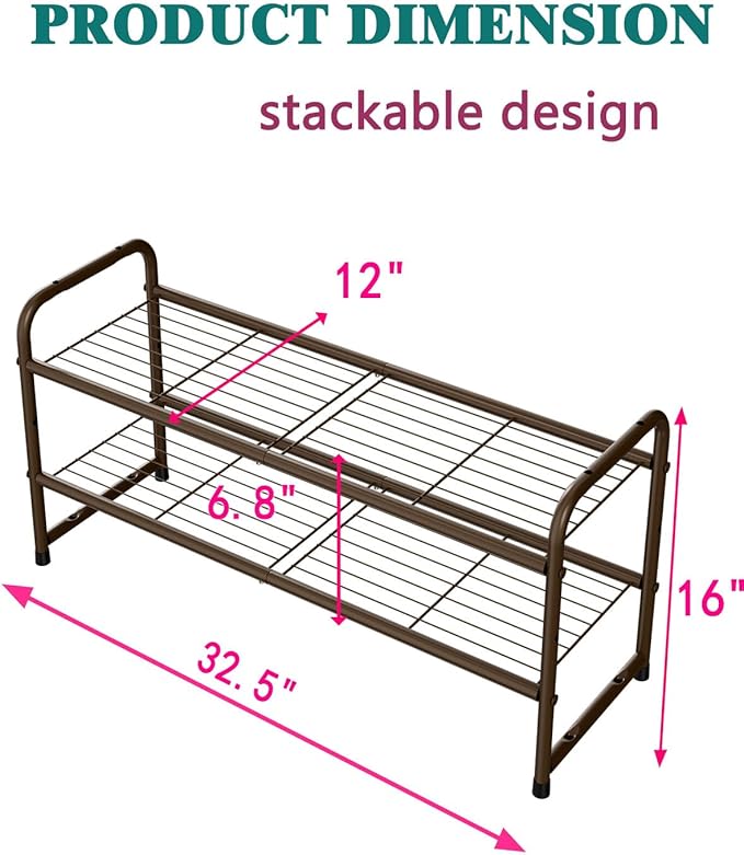 SUFAUY 2 Tier Shoe Rack, Closet Metal Shoe Rack Organizer Heavy Duty, Stackable, Bronze