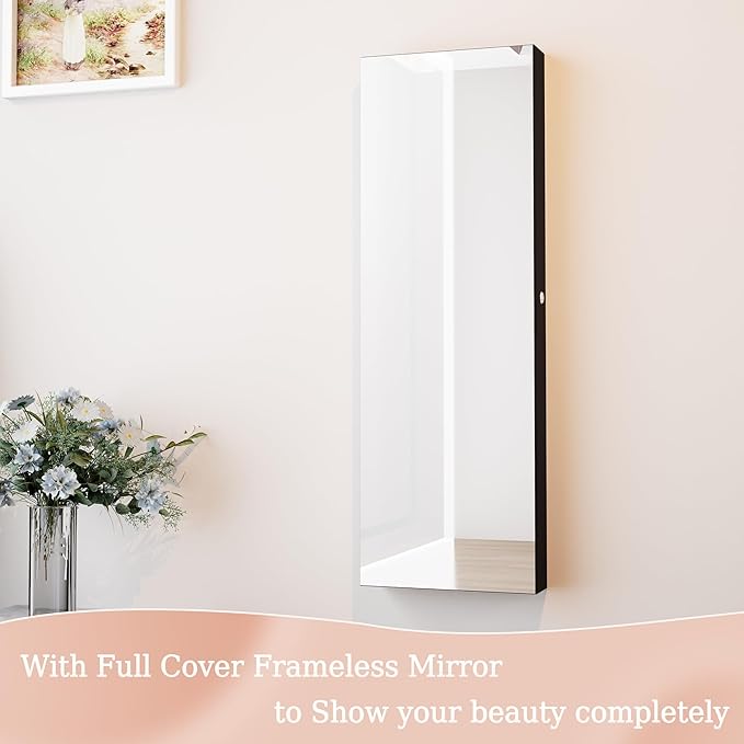 Mirror Jewelry Cabinet,Lockable Wall or Door Mounted Jewelry Armoire Organizer With Built-up Mirror,LED Lights, Drawers,Cosmetic Trays,Shelves, 14.4"x3.15"x 43.1"（Black）