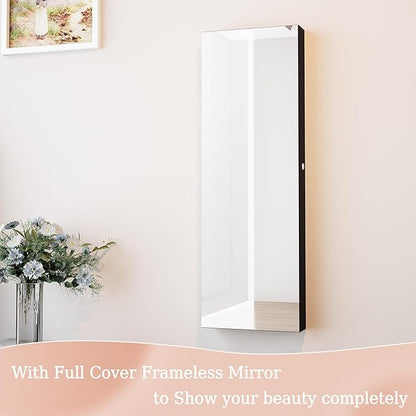 Mirror Jewelry Cabinet,Lockable Wall or Door Mounted Jewelry Armoire Organizer With Built-up Mirror,LED Lights, Drawers,Cosmetic Trays,Shelves, 14.4"x3.15"x 43.1"（Black）