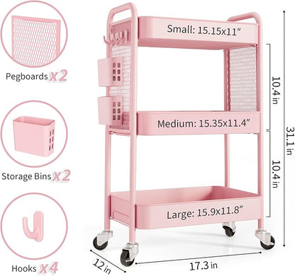 TOOLF 3 Tier Rolling Cart Storage Organizer, Metal Rolling Utility Cart with Wheels, Hooks & Bins Esthetician Craft Art Sturdy Storage with Pegboard for Bathroom, Kitchen, Office, Nursery Diaper