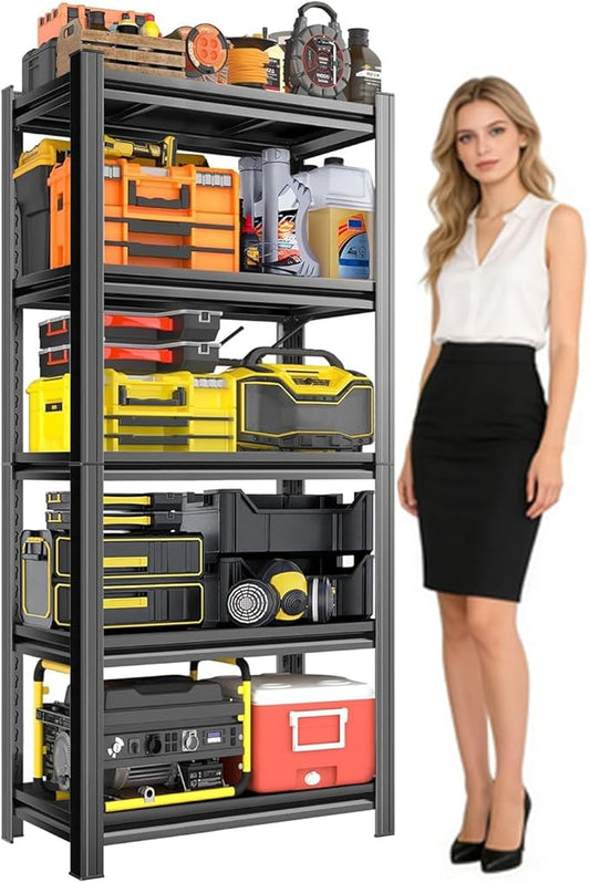 Metal Garage Shelving Unit,Heavy Duty 5-Tier Adjustable Storage Shelves,3000 lbs Capacity,Industrial Shelves for Heavy Tools and Equipment,for Garage,Basement (Black, 27.6" Wx13.8 Dx63 H)