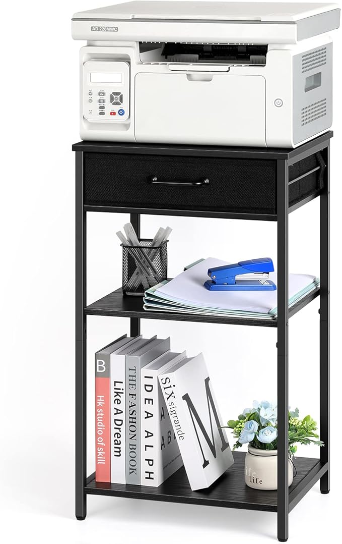 3 Tier Printer Stand Under Desk Small Printer Table with Storage Drawers Wood Printer Shelf Rack for Desk Black Side Table Nightstand for Home Office Organization